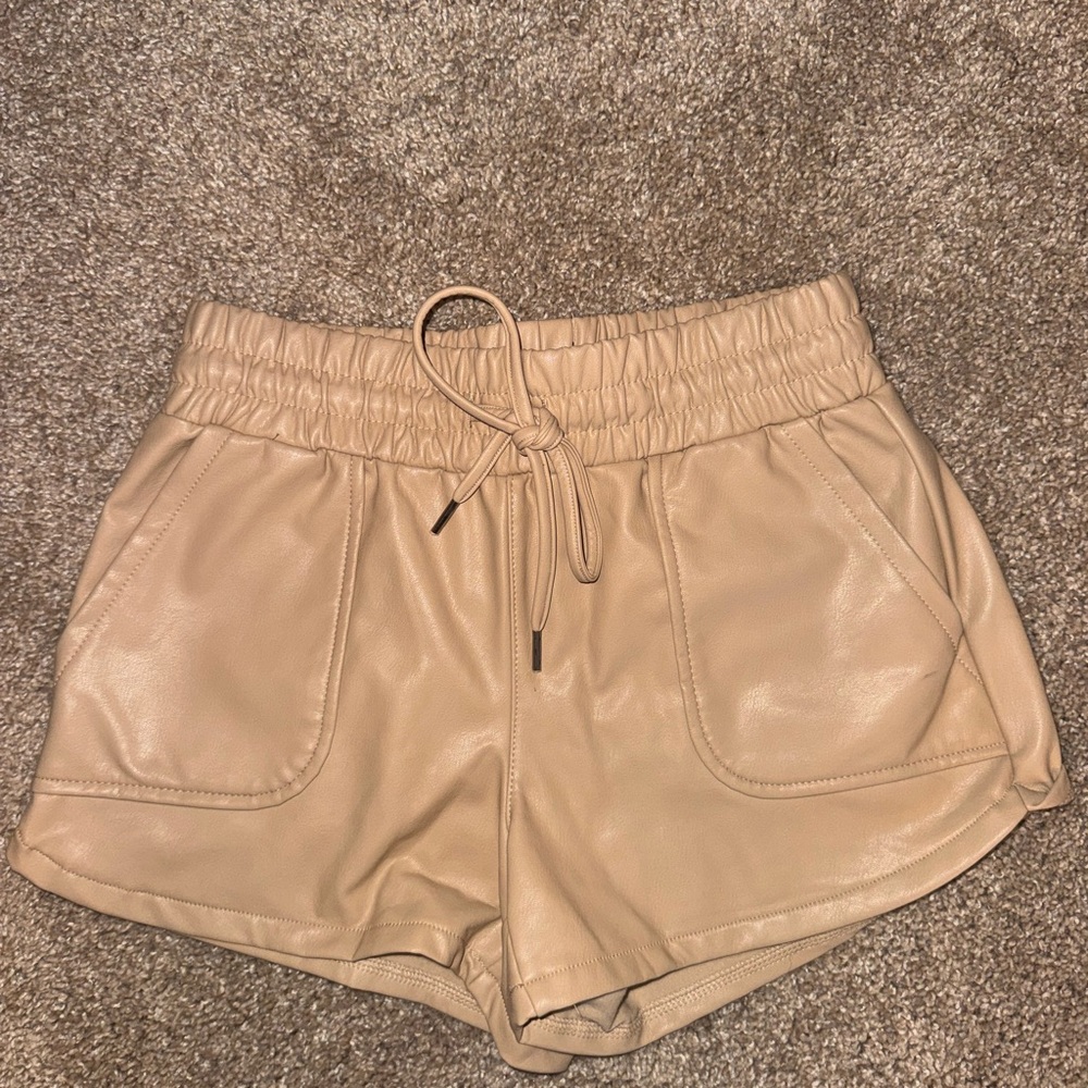 Sincerely Jules Tan Faux Leather Drawstring Shorts, XS